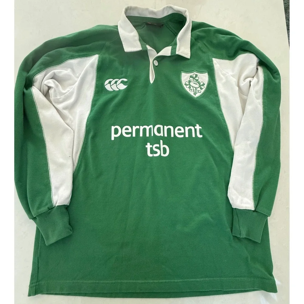 Canterbury Mens Ireland Rugby Jersey Green White Sz M Permanent TSB IRFU Vintage